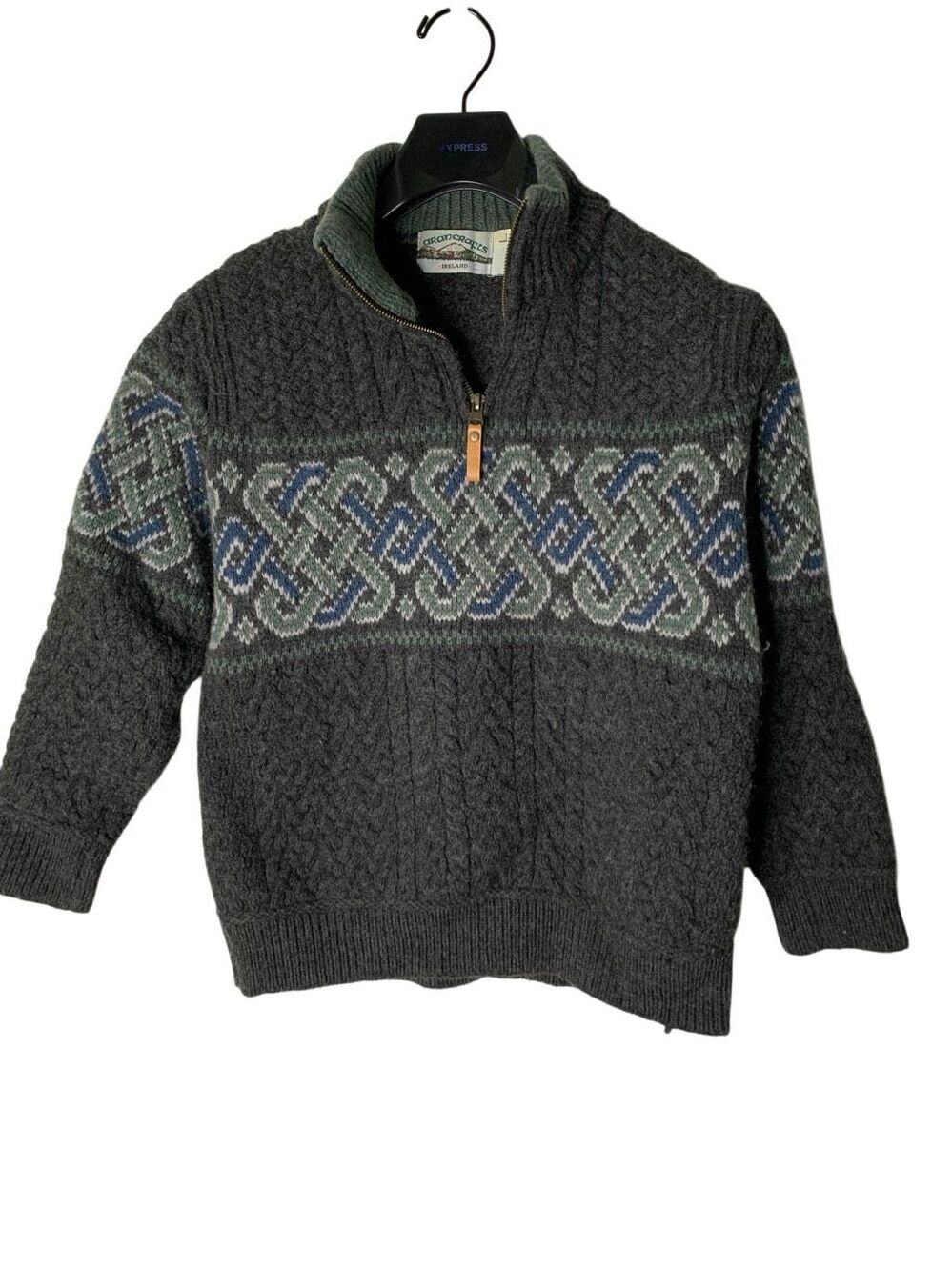 Aran Crafts Ireland 100% merino wool jacquard celtic 1/4 zip sweater size large